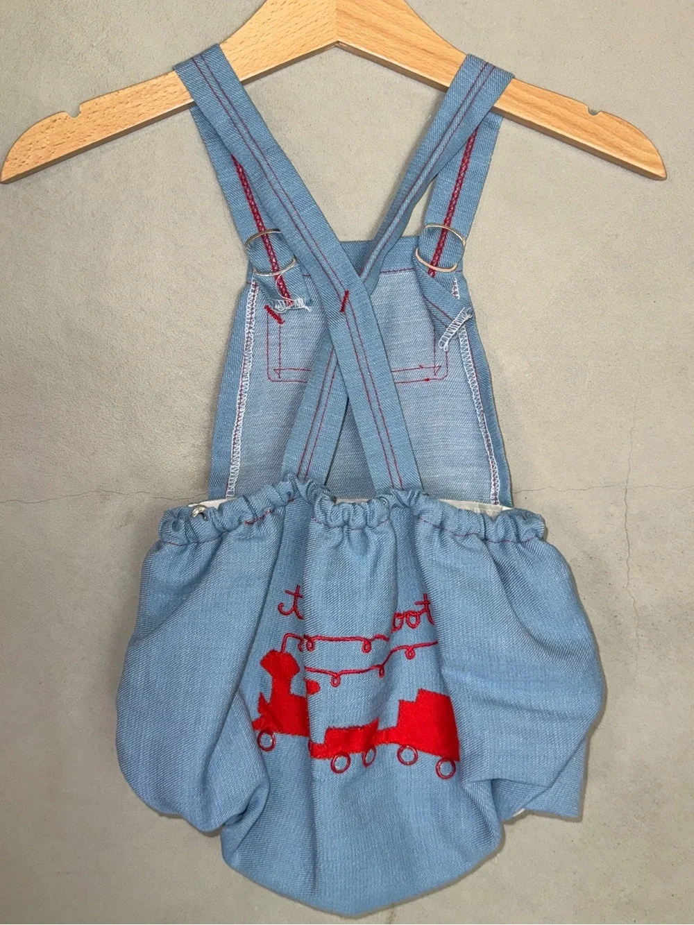 Vintage 80’s light blue denim bubble romper toot toot train on butt 6-12 months